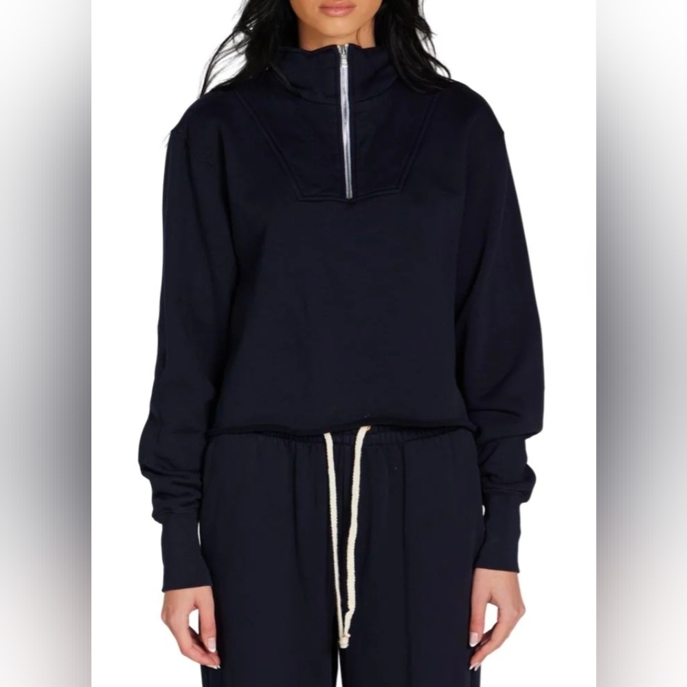 Les Tien Haley Crop Half Zip Pullover Structured Fleece Top Navy, Sz XS, NEW!